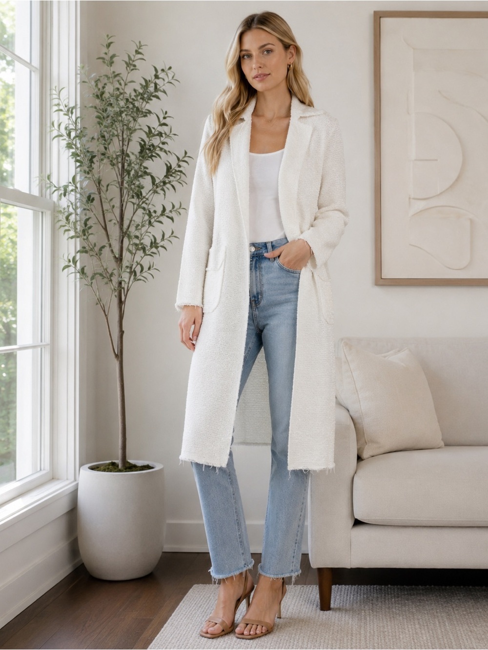 Zara Long Open Cardigan Coat‎ Textured Off White Tweed Distressed Hem  Sz S